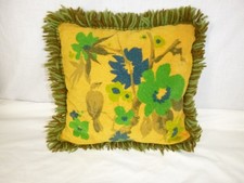 Vtg 60s Fringed Terrycloth Throw Pillow MOD Flowers Birds 14x14"