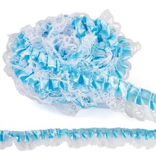 12.5 Yards Blue Ruffle Organza White Lace Trim 2 Layer Pleated Satin Lace Rib...