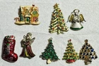 8 Vintage Christmas Costume Jewelry Holiday Brooch lot Tree Angel Stoking Ginger