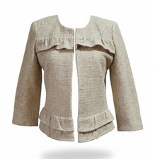 Ann Taylor Blazer Jacket Sz S Ivory Open Front Boucle Ruffles Boxy Career Flirty