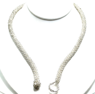 Antique 1920s Flapper Collar Necklace Woven Iridescent Glass Bead Silver White 2