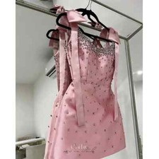Baby Pink Mini Prom Dresses Pearl Beaded Bow Strap vestidos de fiesta Elegant