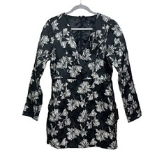 Lulus Mini Dress Women Floral Jacquard V Neck Long Sleeve Black Silver Size L