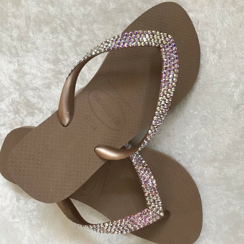 HAVAIANAS ROSE GOLD FLIP FLOPS WITH 4 ROWS SWAROVSKI CRYSTALS AB IRIDESCENT  | eBay