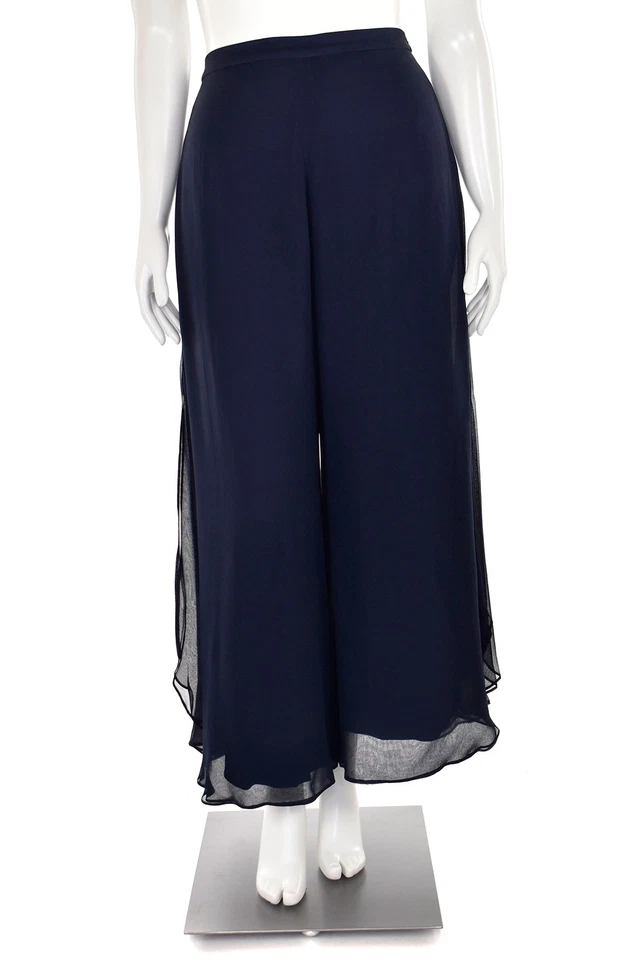 St John Evening Pants sz 8 - Navy Blue 100% Silk Chiffon Wide Leg Pant w/ Slit - Image 2 of 4