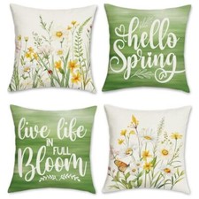 Throw Pillow Covers 18 x 18 Inch White Yellow Floral Green Leaves Hello Spring