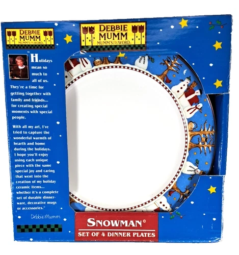 Debbie Mumm Sakura Snowman 11" Dinner Plates Set of 4 VTG New in Box