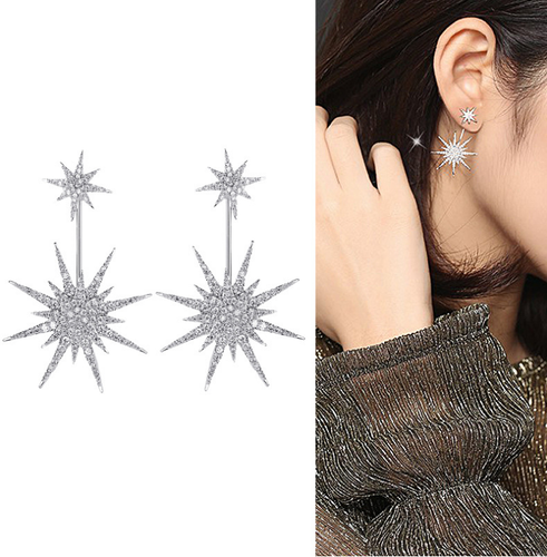 18K White Gold Plated CZ Crystals STAR STARBURST 1.5" Long Earrings Party PE43 - Picture 7 of 8