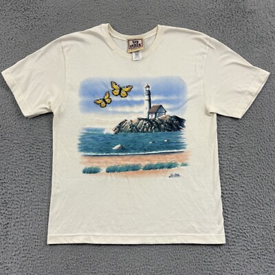 Vintage Top Stitch Shirt Women Medium Lighthouse Nautical Butterfly Short Sleeve