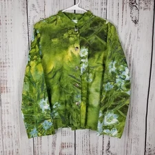 Citron Women's Size XL Green Floral Button Front Jacket Cotton/Silk Long Sleeve 