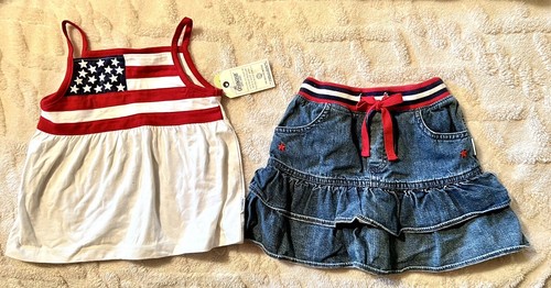 OshKosh B'Gosh Girls Sz 4T 2 Piece Patriotic Ruffled Jean Skirt & Tank Top NWT 4