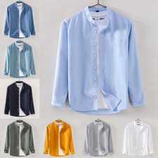 Mens's Casual Button Down Long Sleeve Shirt Stand-Up Collar Shirts Solid Color