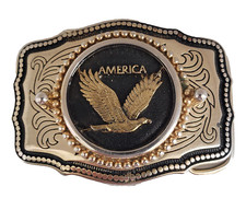 Vintage Metal American Eagle Belt Buckle Medallion Center Silver Gold Black USA