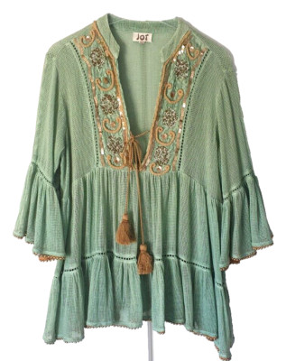 Tunika Ibiza Boho Hippie JOT Netzoptik olivgrün Perlen Pailletten 38/40/42