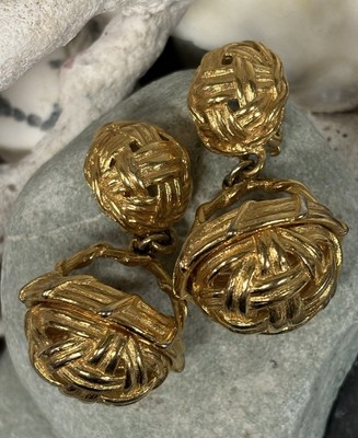 RARE Vintage Givenchy Gold Plated Basket Drop Clip Earrings
