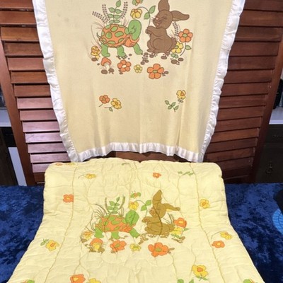 Vintage Crib Quilt & Blanket Tortoise & Hare Floral Print Cotton Satin Easy Care