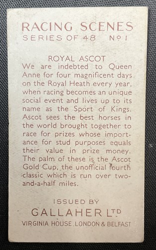 1938 Gallagher Ltd. Tobacco Racing Scenes #1 Royal Ascot VG-VGEX - Picture 2 of 2