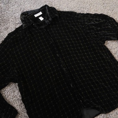 Giorgio Armani Velvet Button Up Shirt Men Black Check Rayon Silk Blend Designer