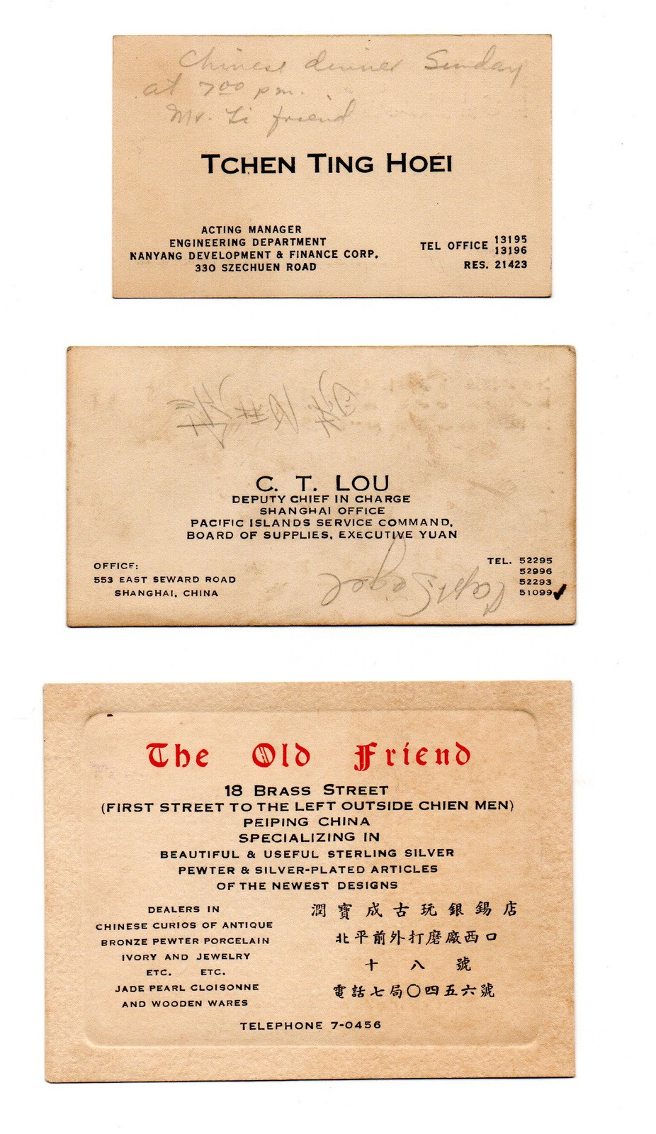 Three vintage 1940s business cards Shanghai China