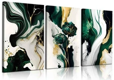 3Pcs Framed Emerald Green Wall Art, Modern Green and Gold Abstract Marble Can...