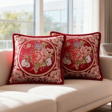 Set of 2 Vintage Embroidered Throw Pillow Covers 18x18in,Retro Flowers Red Pi...