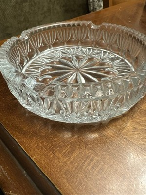 Vintage 70s Large Round Ashtray Heavy Clear Leaded Cut Glass - 6'' wide