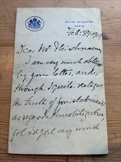 1919 Letter From William Tyrrell British Delegation Paris to Mr Fleischmann