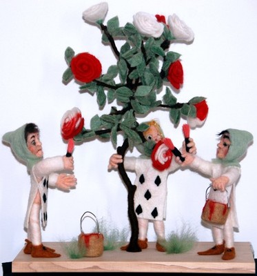 ALICE IN WONDERLAND Rose Garden Scene OOAK Needle Felted Wool Sculpture Handmade