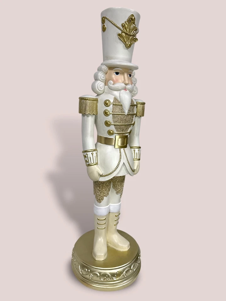 Soldatino Goodwill Schiaccianoci Statuina Natalizia Base Crema Oro Natale 78cm - Immagine 3 di 4