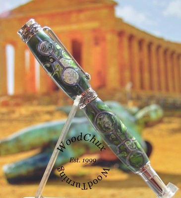 Pen HandMade Writing Ball Point Fountain Crop Circles Green & White Resin 1588a