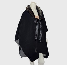 Fleece Cape With Faux Fur Collar And Black Satin Tie 47" front at bust x 33.5" L