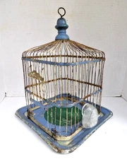 Antique Vintage Hendryx Painted Metal Birdcage w/ Glass Feeder 1910 Era