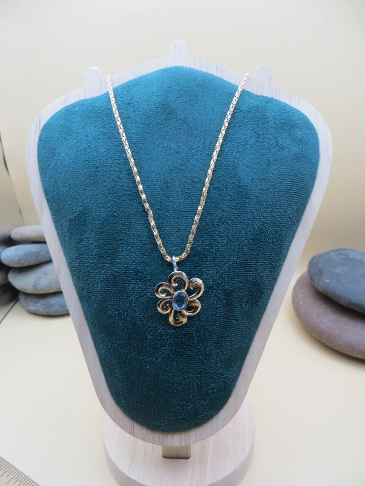 Yellow Gold-tone Blue Topaz Flower Pendant 18" Sparkle Chain Necklace #1147 - Image 3 of 4