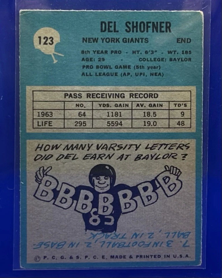 1964 Philadelphia Del Shofner New York Giants #123 - Image 2 of 2
