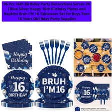 96 Pcs 16th Birthday Party Decorations Serves 24 Blue Silver Happy 16th Bir...