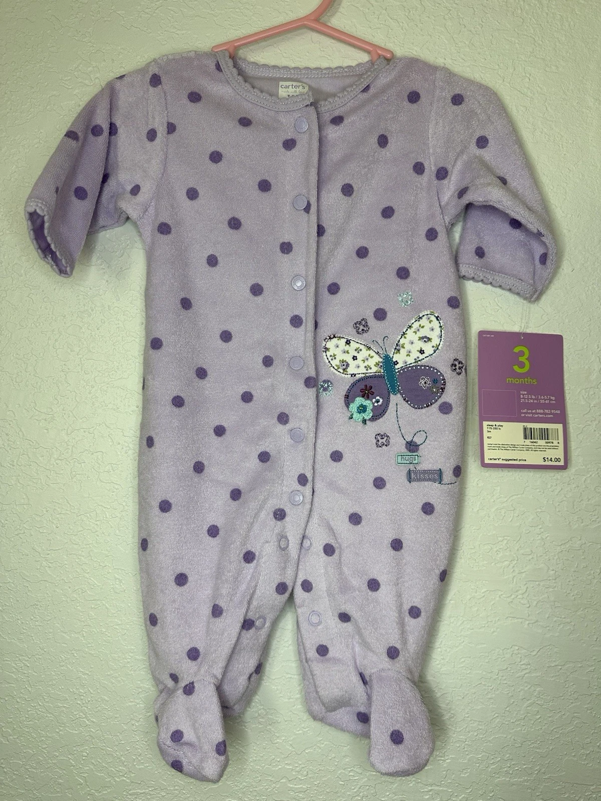Baby Girl New Carter's Vintage Terry Cloth Butterfly Purple Footsie 3M Y2K
