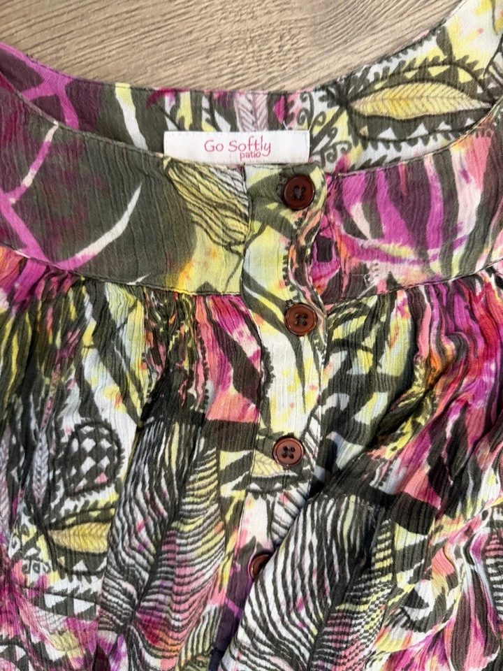 Go Softly Patio Dress L Multicolor Floral Lounge House Caftan Short Sleeve - Image 2 of 3