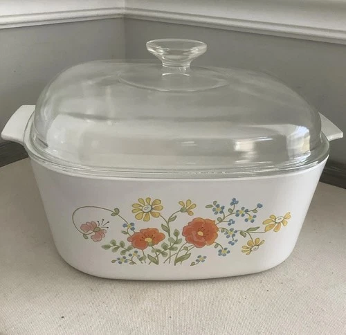 VTG Corning Ware A-5-B 5 Quart Wild Flower Casserole Dish With Pyrex Lid A12C