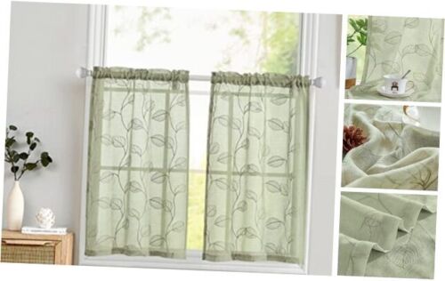 Sage Green Sheer Kitchen Cafe Curtains Leaf Embroidered Voile Tiers Short
