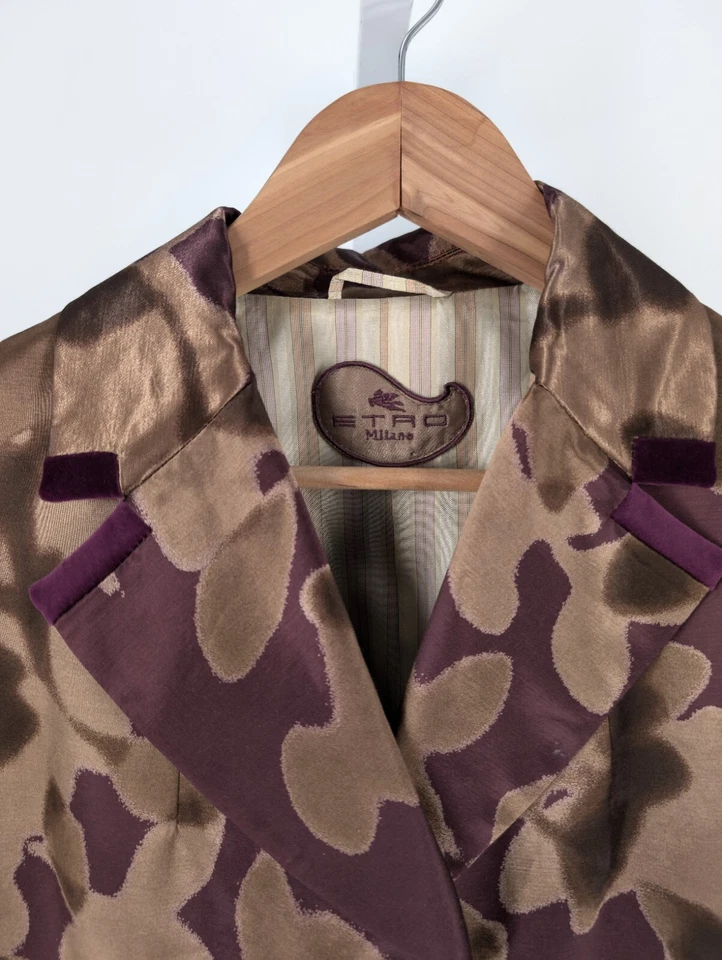 Chaqueta Blazer Etro Satén Floral Arte Dorado Brazo Reunido Satinado Esmoquin Boho 38" 46 IT Foto 3 de 4