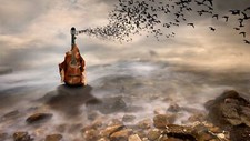 Landscape art nature clouds stones water sea guitar Custom Gaming Mat Desk