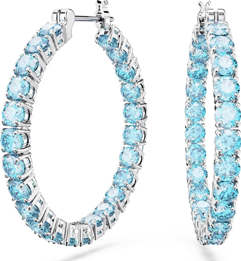 Swarovski Matrix hoop earrings Round cut, Blue, Rhodium plated