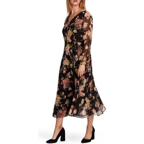 Vince Camuto NWT Beautiful Blooms Long Sleeve Chiffon Midi Wrap Dress Floral New