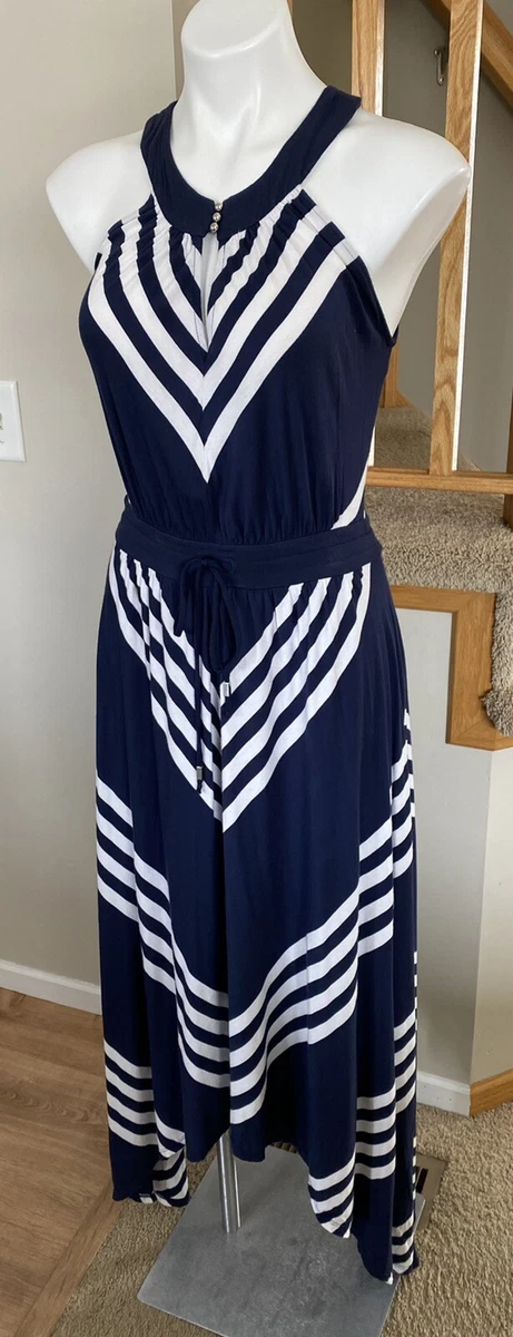 Banana Republic Small Navy Blue V neck Racerback Striped Maxi Dress Lined EUC