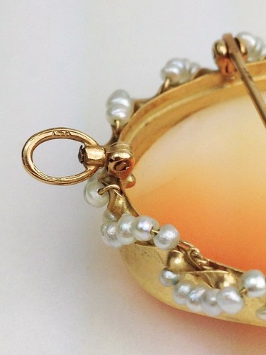 Colgante Broche Perla Cameo Oro Amarillo 14K Antiguo 11,5 g - Imagen 6 de 8