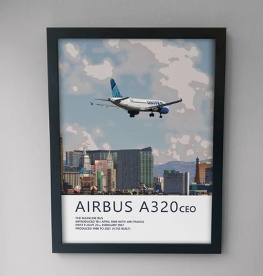 United Airlines Airbus A320 Poster - Las Vegas Skyline - Plane art for aviation