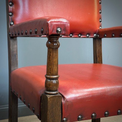 Attractive Set of Six Oak and Leather Dining Chairs Inc Carvers for Reupholstery - Picture 6 of 18