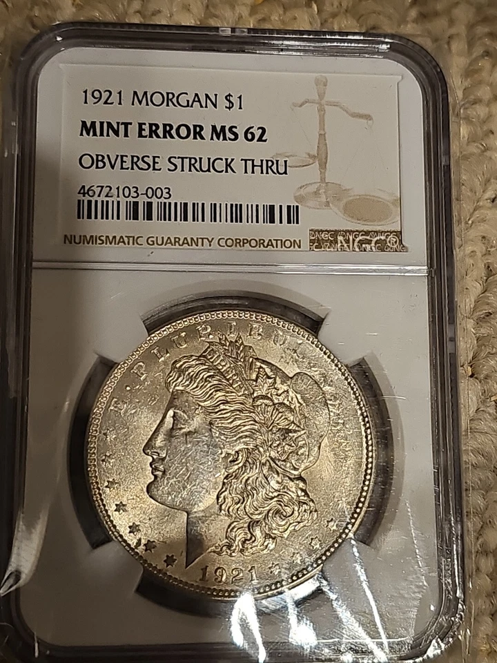 Mint Error MS62 1921 Morgan Silver Dollar Obverse Struck Thru 100th Anniv NGC  - Image 2 of 4