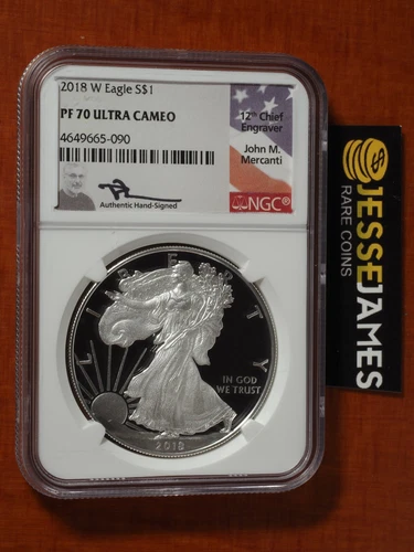 2018 W PROOF SILVER EAGLE NGC PF70 ULTRA CAMEO JOHN MERCANTI SIGNED FLAG LABEL!