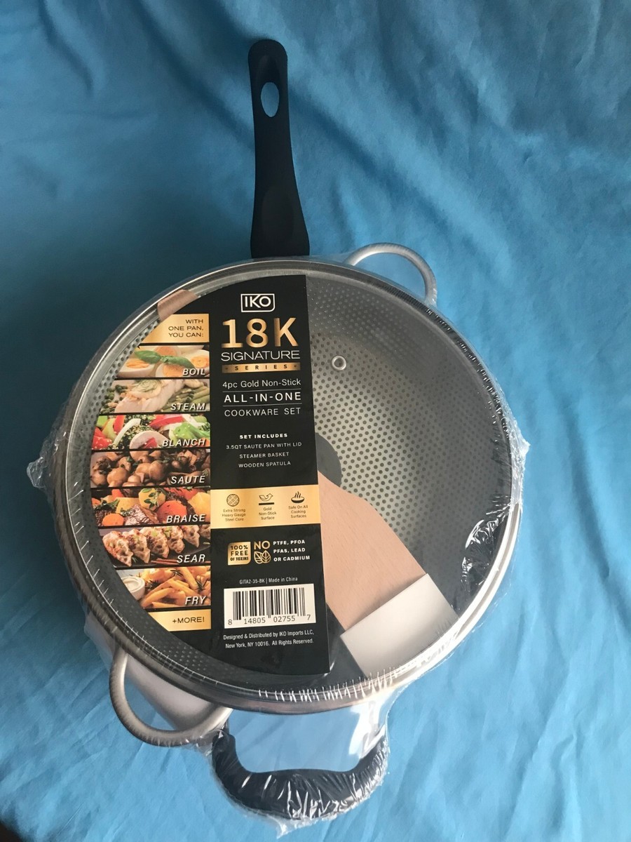 IKO 4-Piece Non-Stick 3.5 Qt. Black Sauté Pan with Lid, Steamer